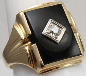 Antique 1920's Art Deco Natural Antique European Cut Diamond & Onyx 10k Solid Gold Men's Ring