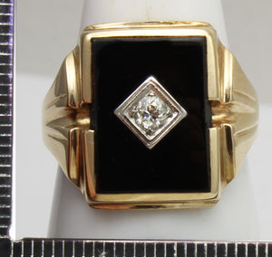 Antique 1920's Art Deco Natural Antique European Cut Diamond & Onyx 10k Solid Gold Men's Ring