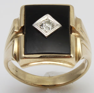 Antique 1920's Art Deco Natural Antique European Cut Diamond & Onyx 10k Solid Gold Men's Ring