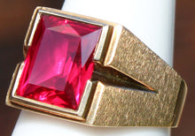 Load image into Gallery viewer, Vintage 1940&#39;s LARGE 6ct Faceted Baguette Ruby Hand Brushed 10k Solid Yellow Gold Men&#39;s Ring