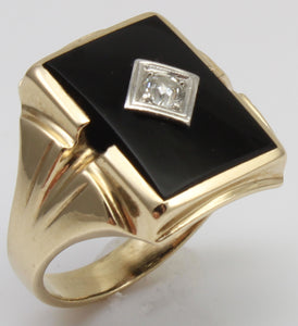 Antique 1920's Art Deco Natural Antique European Cut Diamond & Onyx 10k Solid Gold Men's Ring