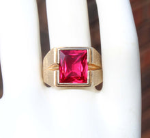 Load image into Gallery viewer, Vintage 1940&#39;s LARGE 6ct Faceted Baguette Ruby Hand Brushed 10k Solid Yellow Gold Men&#39;s Ring