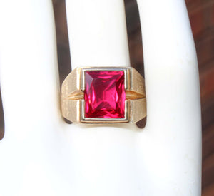 Vintage 1940's LARGE 6ct Faceted Baguette Ruby Hand Brushed 10k Solid Yellow Gold Men's Ring