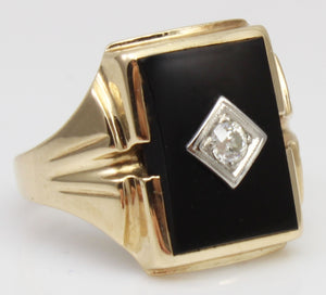 Antique 1920's Art Deco Natural Antique European Cut Diamond & Onyx 10k Solid Gold Men's Ring