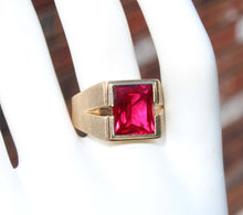 Load image into Gallery viewer, Vintage 1940&#39;s LARGE 6ct Faceted Baguette Ruby Hand Brushed 10k Solid Yellow Gold Men&#39;s Ring