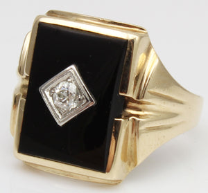 Antique 1920's Art Deco Natural Antique European Cut Diamond & Onyx 10k Solid Gold Men's Ring