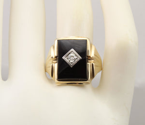 Antique 1920's Art Deco Natural Antique European Cut Diamond & Onyx 10k Solid Gold Men's Ring