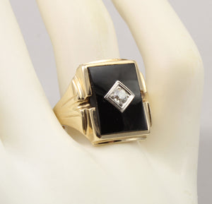 Antique 1920's Art Deco Natural Antique European Cut Diamond & Onyx 10k Solid Gold Men's Ring