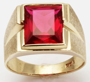 Vintage 1940's LARGE 6ct Faceted Baguette Ruby Hand Brushed 10k Solid Yellow Gold Men's Ring