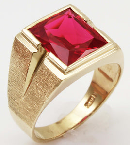 Vintage 1940's LARGE 6ct Faceted Baguette Ruby Hand Brushed 10k Solid Yellow Gold Men's Ring