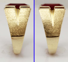 Load image into Gallery viewer, Vintage 1940&#39;s LARGE 6ct Faceted Baguette Ruby Hand Brushed 10k Solid Yellow Gold Men&#39;s Ring