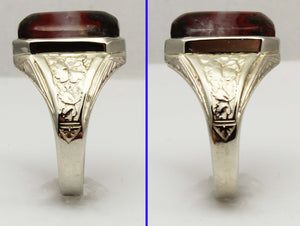 Antique 1920's Art Deco RARE Natural Banded Red Agate Hand Engraved 10k Solid White Gold Men's Ring