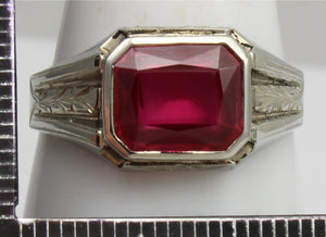 Antique 1920's Art Deco 4ct Emerald Cut Ruby Milgrained & Engraved 10k Solid White Gold Men's Ring