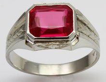 Load image into Gallery viewer, Antique 1920&#39;s Art Deco 4ct Emerald Cut Ruby Milgrained &amp; Engraved 10k Solid White Gold Men&#39;s Ring