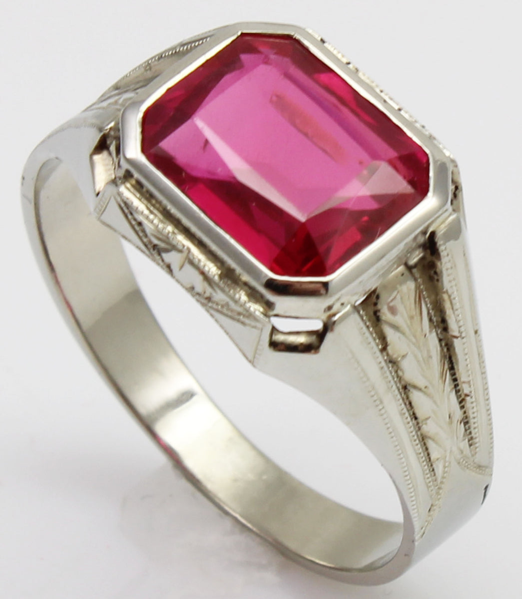 Antique 1920's Art Deco 4ct Emerald Cut Ruby Milgrained & Engraved 10k ...