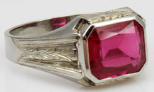 Load image into Gallery viewer, Antique 1920&#39;s Art Deco 4ct Emerald Cut Ruby Milgrained &amp; Engraved 10k Solid White Gold Men&#39;s Ring