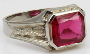 Antique 1920's Art Deco 4ct Emerald Cut Ruby Milgrained & Engraved 10k Solid White Gold Men's Ring