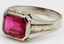 Load image into Gallery viewer, Antique 1920&#39;s Art Deco 4ct Emerald Cut Ruby Milgrained &amp; Engraved 10k Solid White Gold Men&#39;s Ring