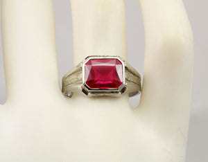 Antique 1920's Art Deco 4ct Emerald Cut Ruby Milgrained & Engraved 10k Solid White Gold Men's Ring