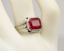 Load image into Gallery viewer, Antique 1920&#39;s Art Deco 4ct Emerald Cut Ruby Milgrained &amp; Engraved 10k Solid White Gold Men&#39;s Ring