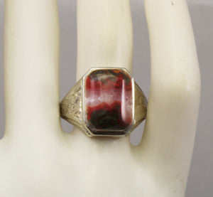 Antique 1920's Art Deco RARE Natural Banded Red Agate Hand Engraved 10k Solid White Gold Men's Ring