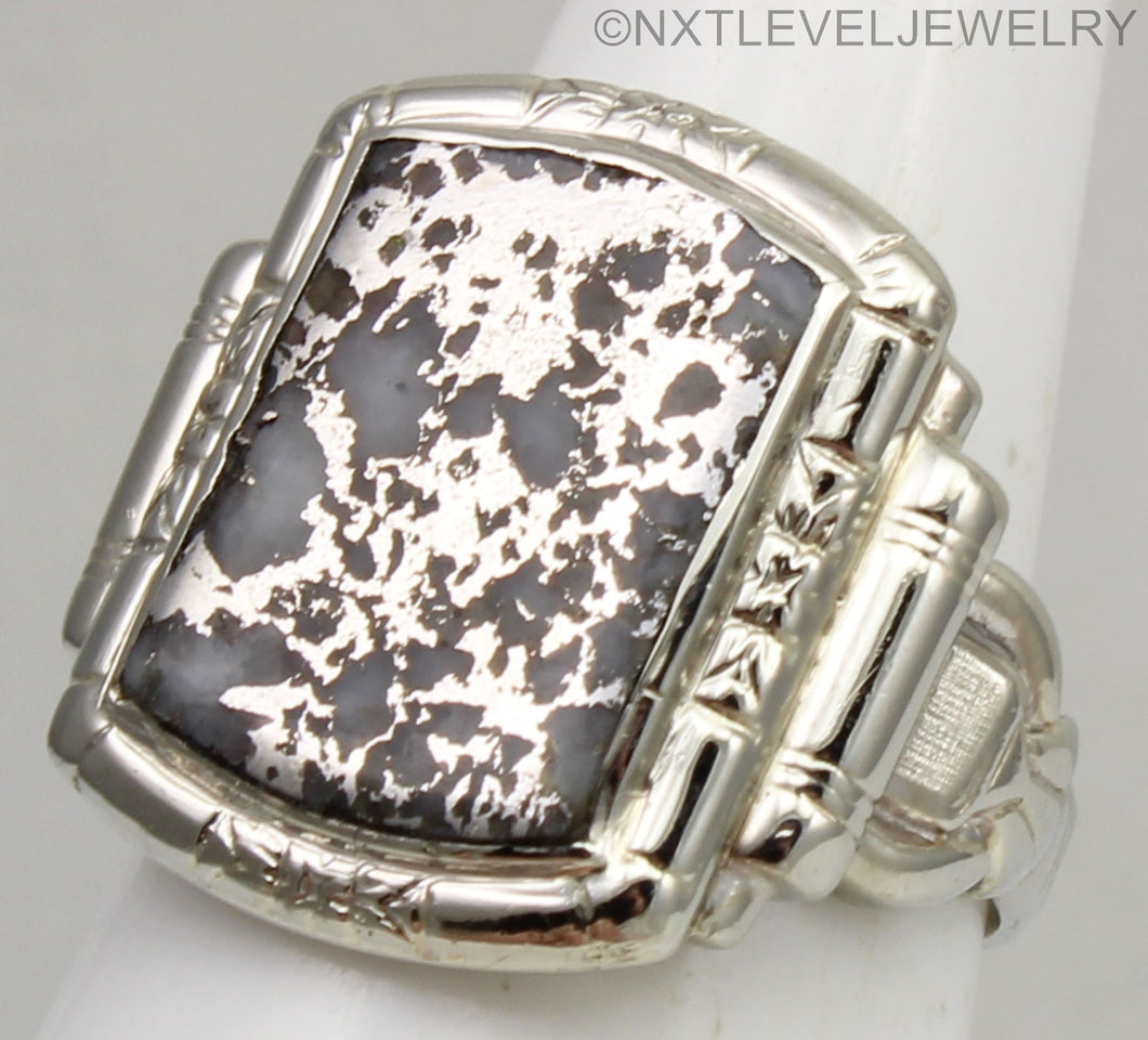 Antique 1930's Late Period Art Deco RARE Natural Silver Ore in Quartz 10k Solid White Gold Mens Ring