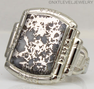 Antique 1930's Late Period Art Deco RARE Natural Silver Ore in Quartz 10k Solid White Gold Mens Ring