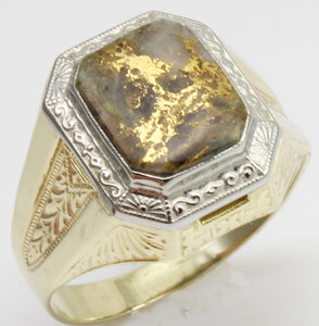 Antique 1920's Art Deco SIGNED Ostby & Barton RARE Natural Gold in Quartz 10k Solid Gold Men's Ring