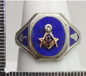 Antique Ostby & Barton Art Deco Masonic Diamond & Lapis Lazuli Milgrained 10k Solid Gold Men's Ring