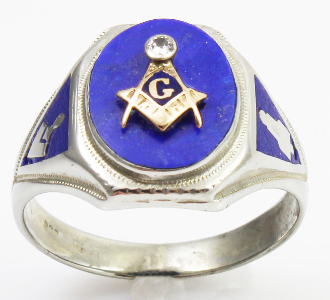 Antique Ostby & Barton Art Deco Masonic Diamond & Lapis Lazuli Milgrained 10k Solid Gold Men's Ring