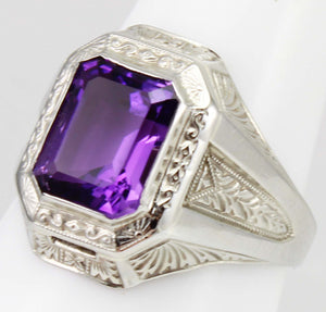Antique Art Deco Ostby & Barton 3ct Emerald Cut Natural Amethyst 10k Solid White Gold Men's Ring