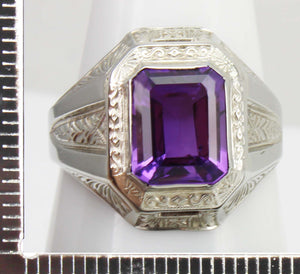 Antique Art Deco Ostby & Barton 3ct Emerald Cut Natural Amethyst 10k Solid White Gold Men's Ring