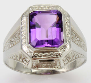 Antique Art Deco Ostby & Barton 3ct Emerald Cut Natural Amethyst 10k Solid White Gold Men's Ring