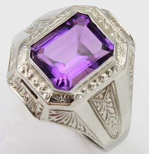 Antique Art Deco Ostby & Barton 3ct Emerald Cut Natural Amethyst 10k Solid White Gold Men's Ring