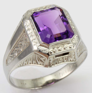 Antique Art Deco Ostby & Barton 3ct Emerald Cut Natural Amethyst 10k Solid White Gold Men's Ring