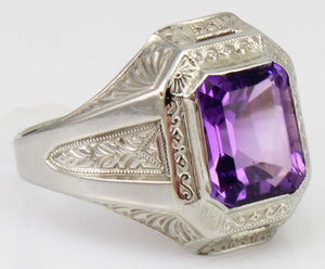 Antique Art Deco Ostby & Barton 3ct Emerald Cut Natural Amethyst 10k Solid White Gold Men's Ring