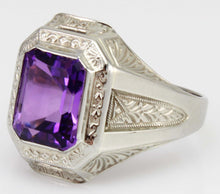 Load image into Gallery viewer, Antique Art Deco Ostby &amp; Barton 3ct Emerald Cut Natural Amethyst 10k Solid White Gold Men&#39;s Ring