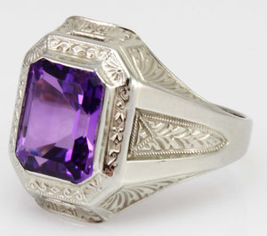 Antique Art Deco Ostby & Barton 3ct Emerald Cut Natural Amethyst 10k Solid White Gold Men's Ring