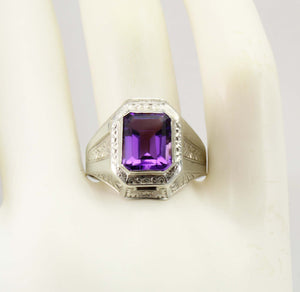 Antique Art Deco Ostby & Barton 3ct Emerald Cut Natural Amethyst 10k Solid White Gold Men's Ring