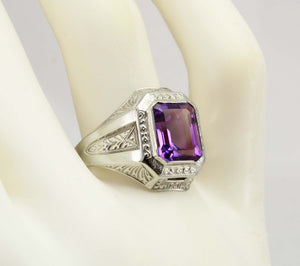 Antique Art Deco Ostby & Barton 3ct Emerald Cut Natural Amethyst 10k Solid White Gold Men's Ring