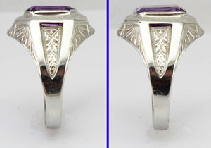 Antique Art Deco Ostby & Barton 3ct Emerald Cut Natural Amethyst 10k Solid White Gold Men's Ring