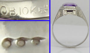 Antique Art Deco Ostby & Barton 3ct Emerald Cut Natural Amethyst 10k Solid White Gold Men's Ring