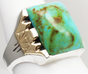 Antique 1920s Art Deco Natural BEAUTIFUL ORANGE MATRIX Kingman Turquoise Silver & 10k Gold Mens Ring