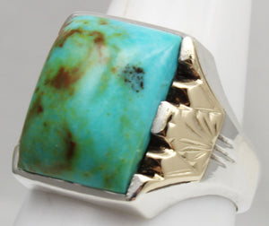 Antique 1920s Art Deco Natural BEAUTIFUL ORANGE MATRIX Kingman Turquoise Silver & 10k Gold Mens Ring