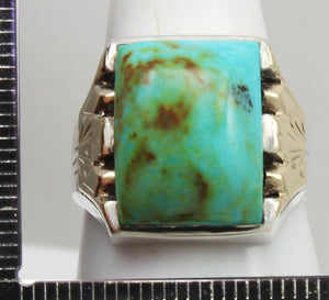 Antique 1920s Art Deco Natural BEAUTIFUL ORANGE MATRIX Kingman Turquoise Silver & 10k Gold Mens Ring