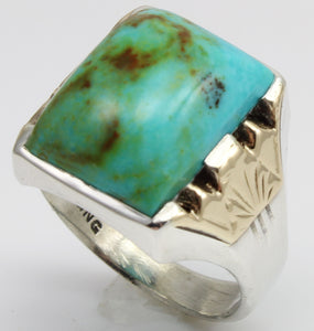 Antique 1920s Art Deco Natural BEAUTIFUL ORANGE MATRIX Kingman Turquoise Silver & 10k Gold Mens Ring
