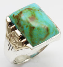 Load image into Gallery viewer, Antique 1920s Art Deco Natural BEAUTIFUL ORANGE MATRIX Kingman Turquoise Silver &amp; 10k Gold Mens Ring