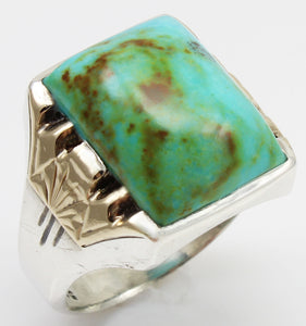 Antique 1920s Art Deco Natural BEAUTIFUL ORANGE MATRIX Kingman Turquoise Silver & 10k Gold Mens Ring