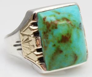 Antique 1920s Art Deco Natural BEAUTIFUL ORANGE MATRIX Kingman Turquoise Silver & 10k Gold Mens Ring