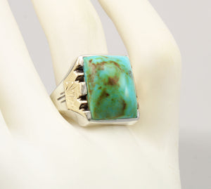 Antique 1920s Art Deco Natural BEAUTIFUL ORANGE MATRIX Kingman Turquoise Silver & 10k Gold Mens Ring
